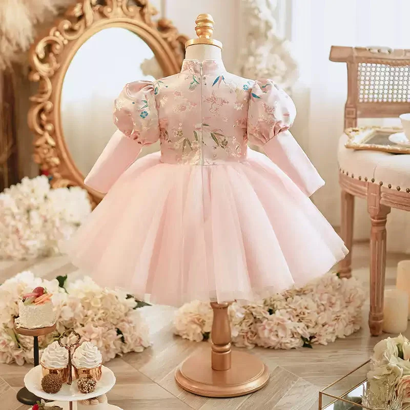 High Neck Knee Length Long Sleeves Embroidery Baby Girl Party Dress - Image 2