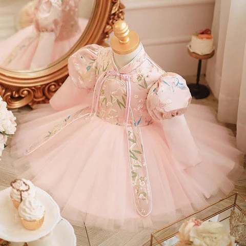 High Neck Knee Length Long Sleeves Embroidery Baby Girl Party Dress - Image 3