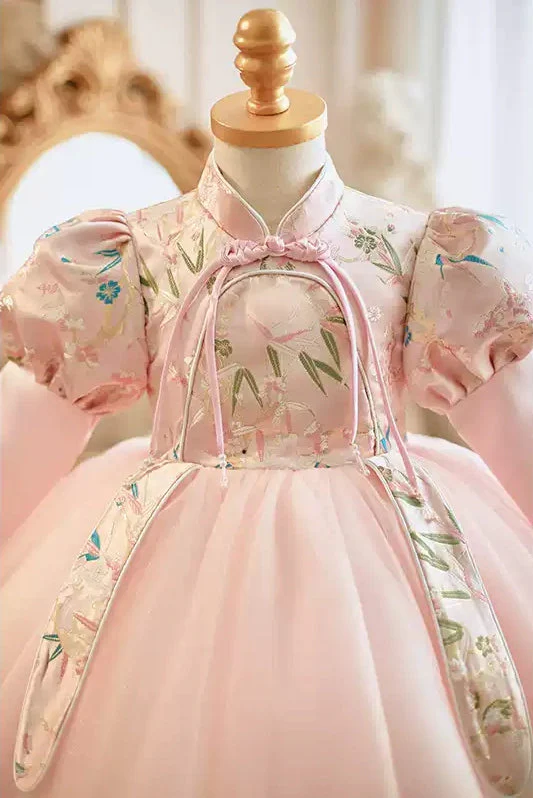 High Neck Knee Length Long Sleeves Embroidery Baby Girl Party Dress - Image 5