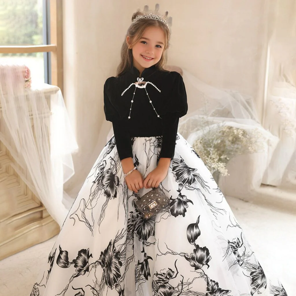 High Neck Long Sleeves A-Line/Princess Floor Length Girl Party Dress with Beadings - Image 3