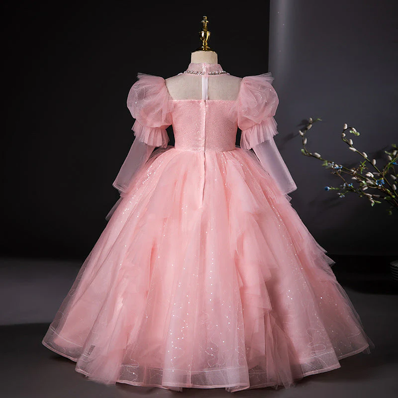 High Neck Long Sleeves Ball Gown Flower Girl Party Dresses with Rhinestone Appliques - Image 2