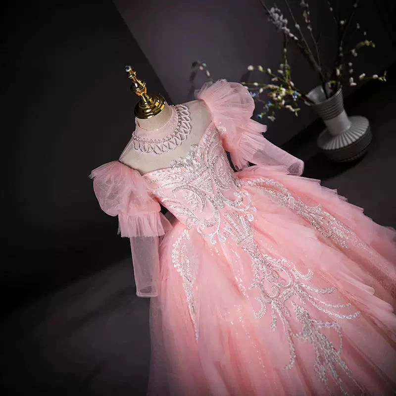 High Neck Long Sleeves Ball Gown Flower Girl Party Dresses with Rhinestone Appliques - Image 3
