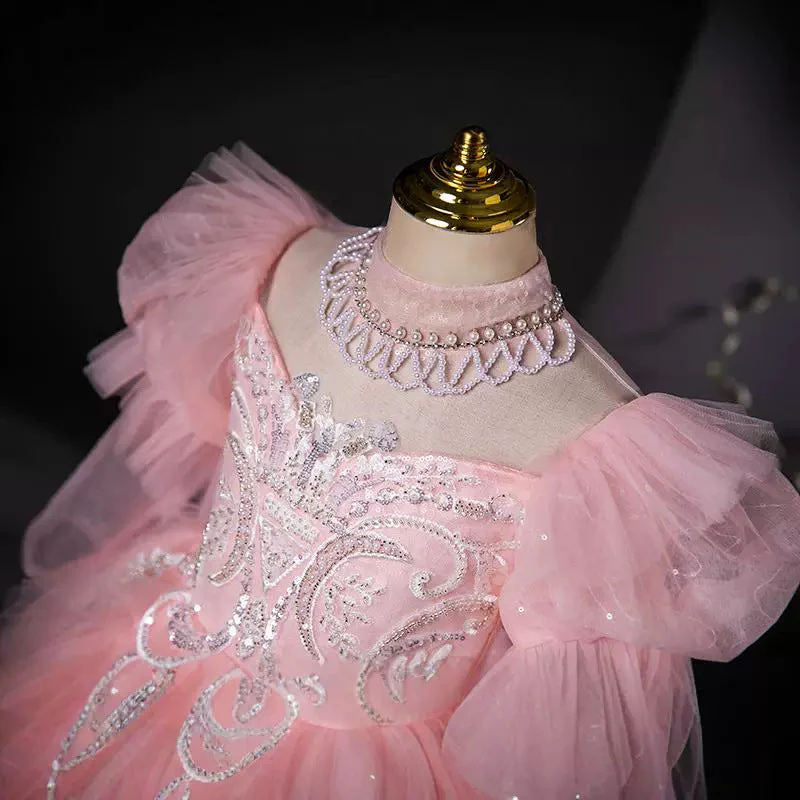High Neck Long Sleeves Ball Gown Flower Girl Party Dresses with Rhinestone Appliques - Image 4