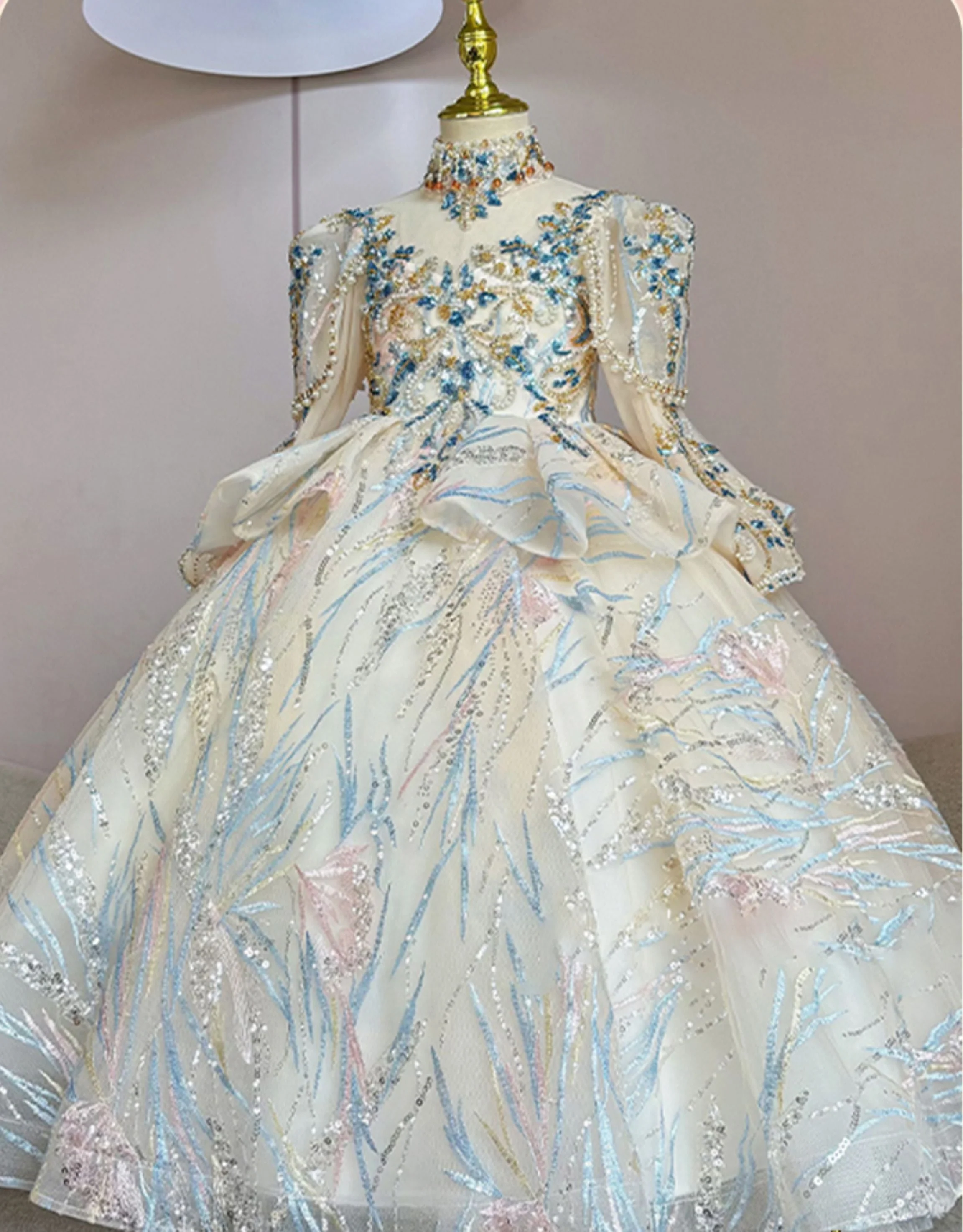 High Neck Long Sleeves Embroidery Flower Girl Dresses with  Rhinestone Appliques - Image 2