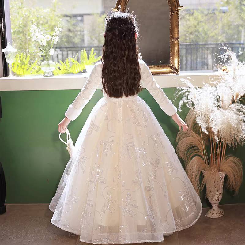High Neck Long Sleeves Winter A-Line Girl Party Dress with Rhinestone Appliques - Image 2
