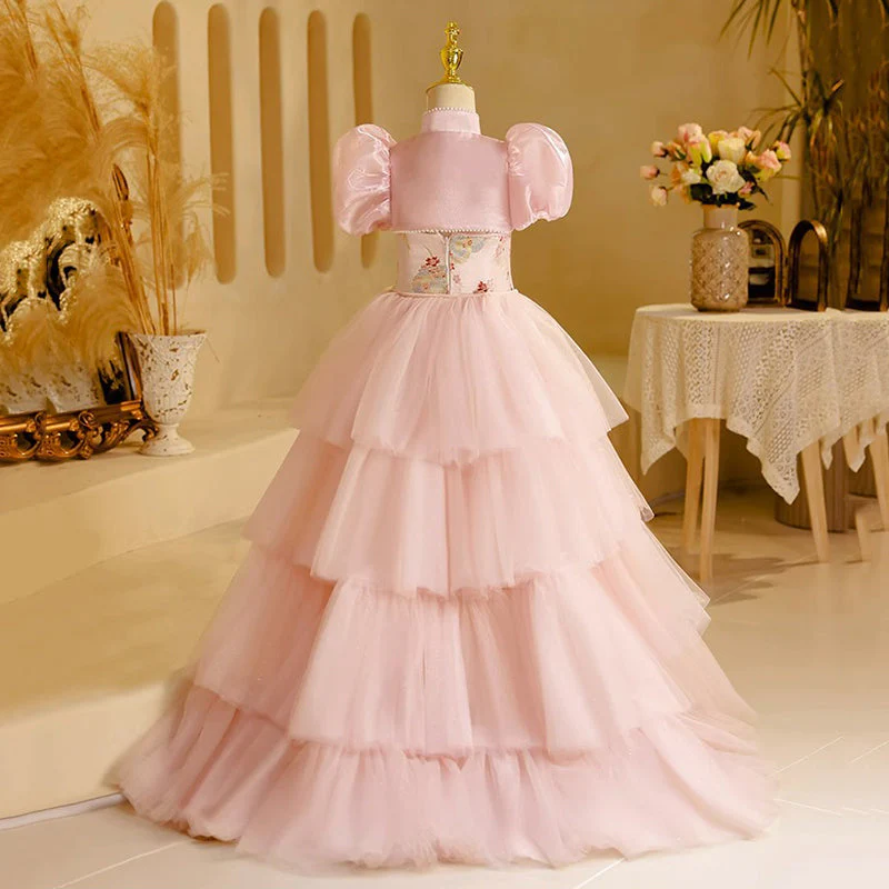 High Neck Traditional High-Low Embroidery Flower Girl Dress with Beading - Image 2