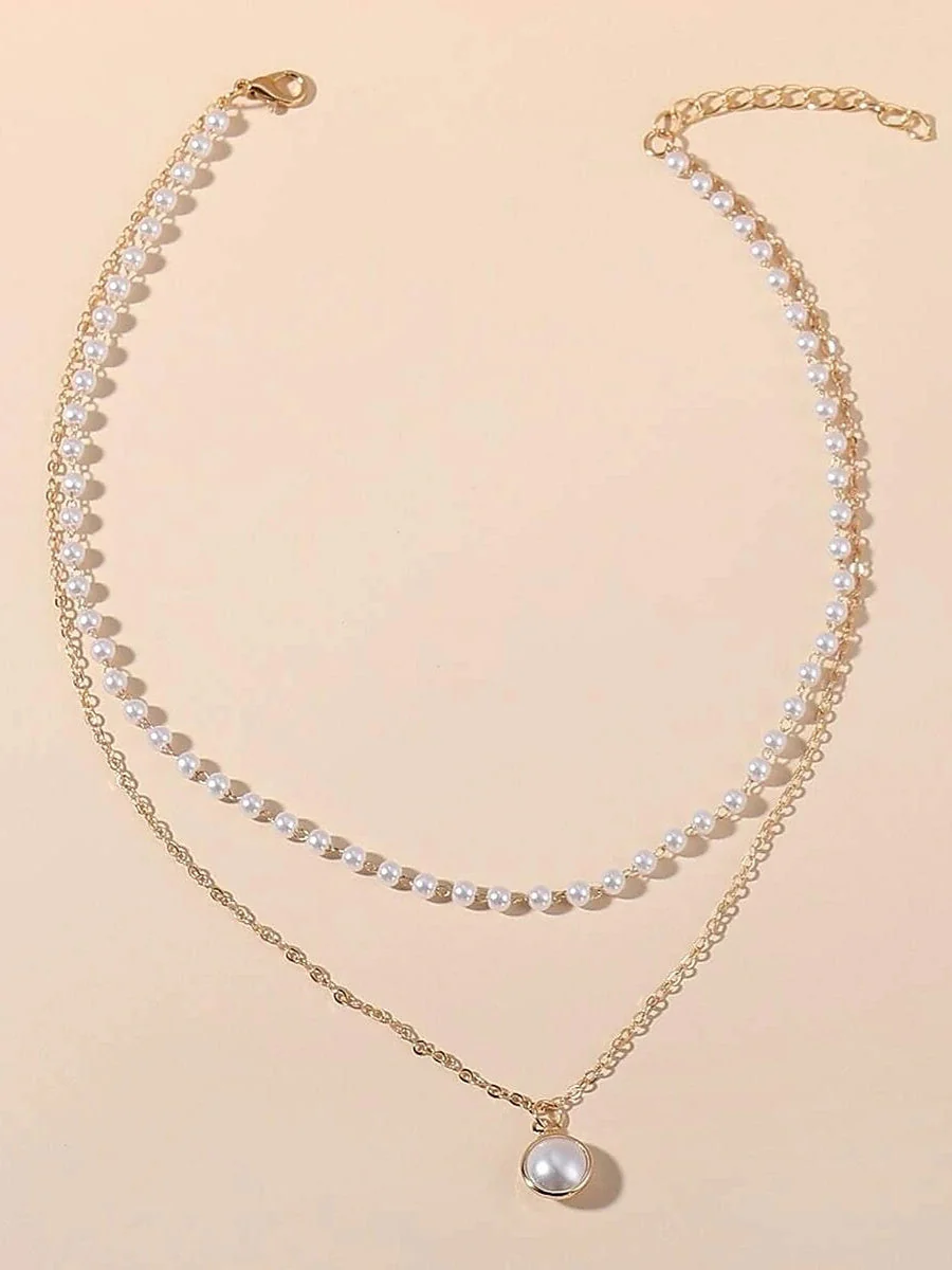 Imitation Pearl Chrome Necklace for Wedding Valentine's Day Daily Double Layered Necklace Wedding Jewelry - Image 2