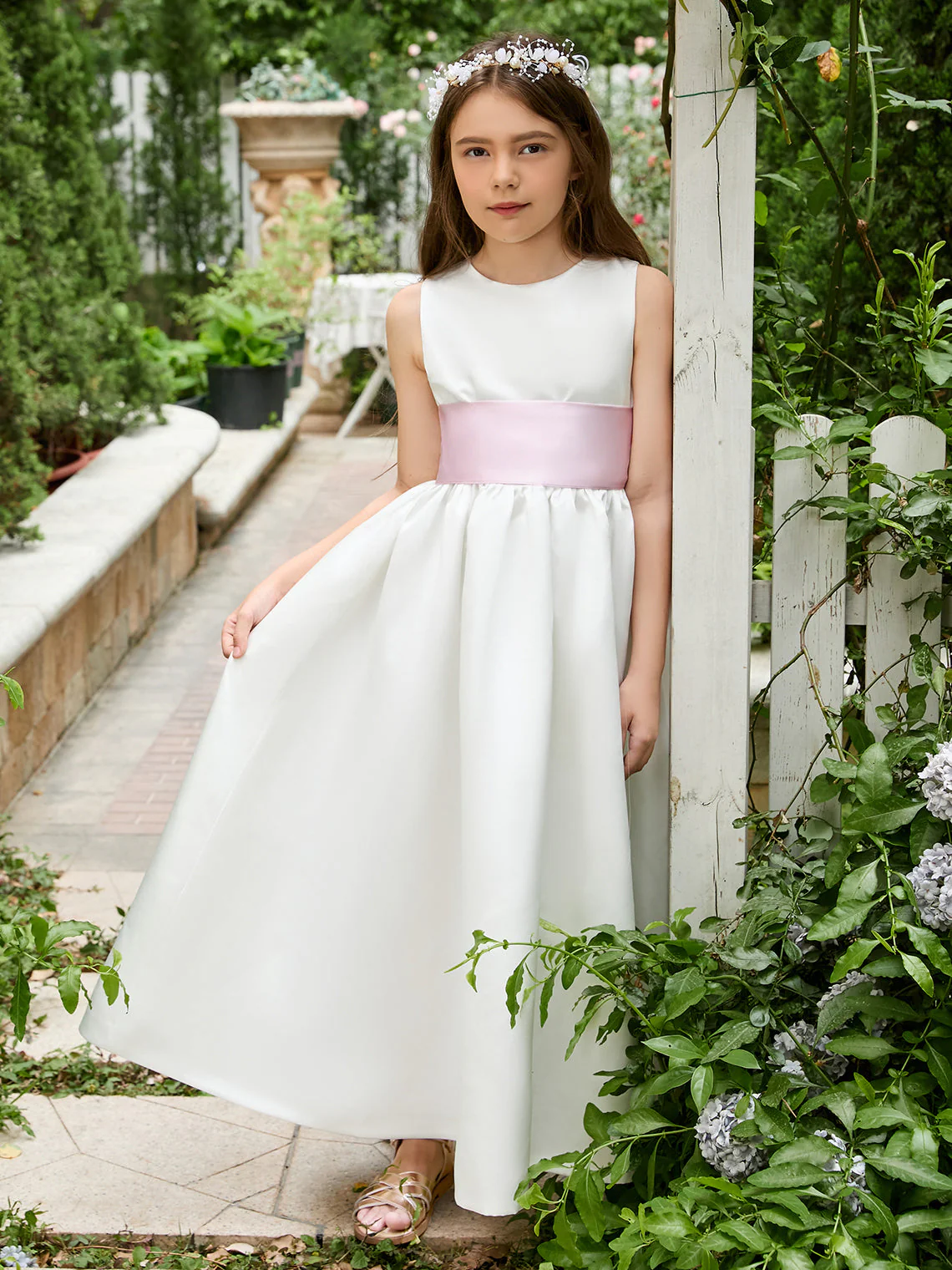 Ivory Satin Flower Girl Ball Gown with Sash Bow | Ankle-Length Tulle Dress - Image 2