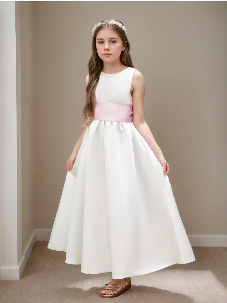 Ivory Satin Flower Girl Ball Gown with Sash Bow | Ankle-Length Tulle Dress - Image 6