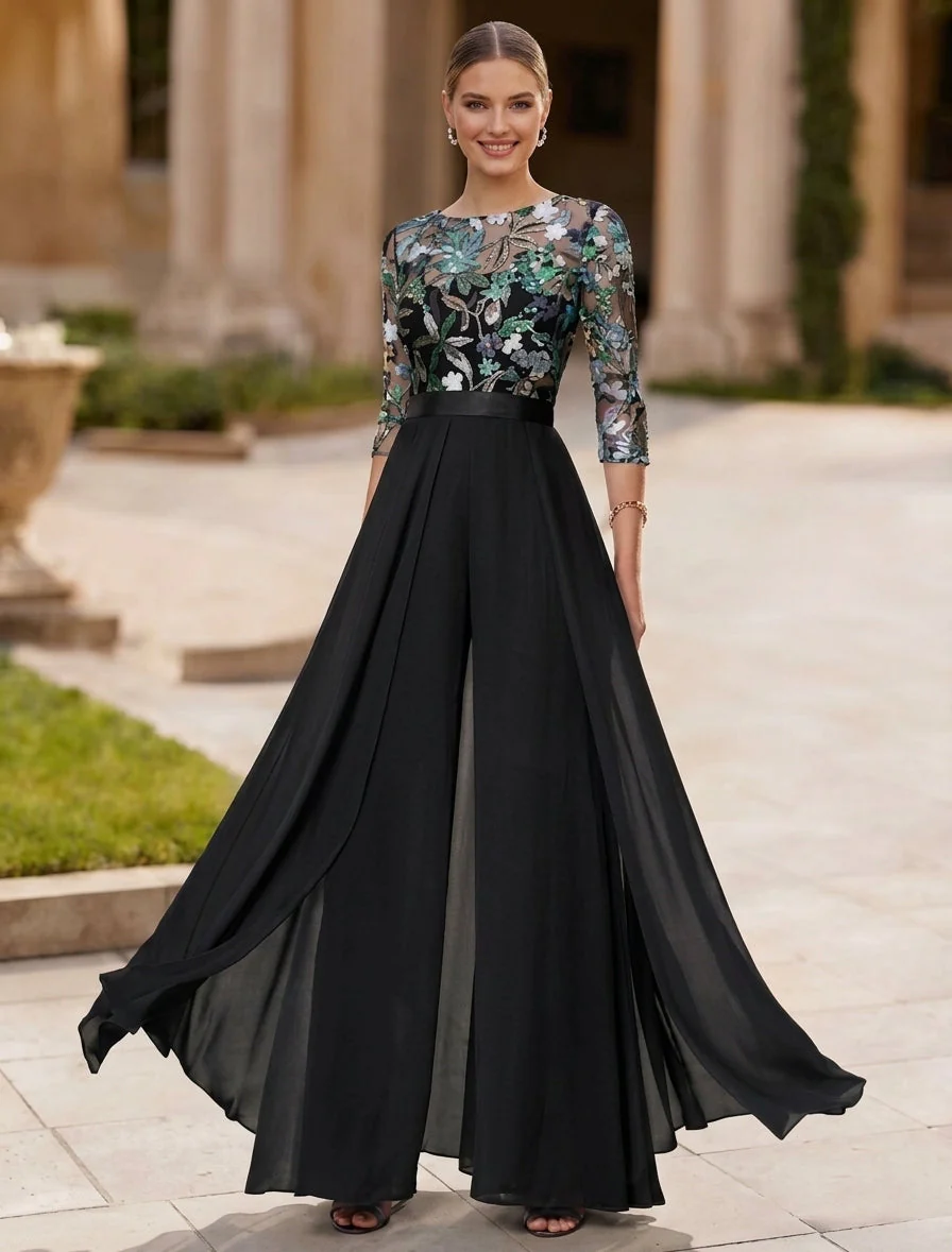 Jumpsuit Scoop Chiffon Mother of the Bride Jumpsuit with Overskirt 3/4 Sleeves Floral Sequins Floor-Length - Image 4