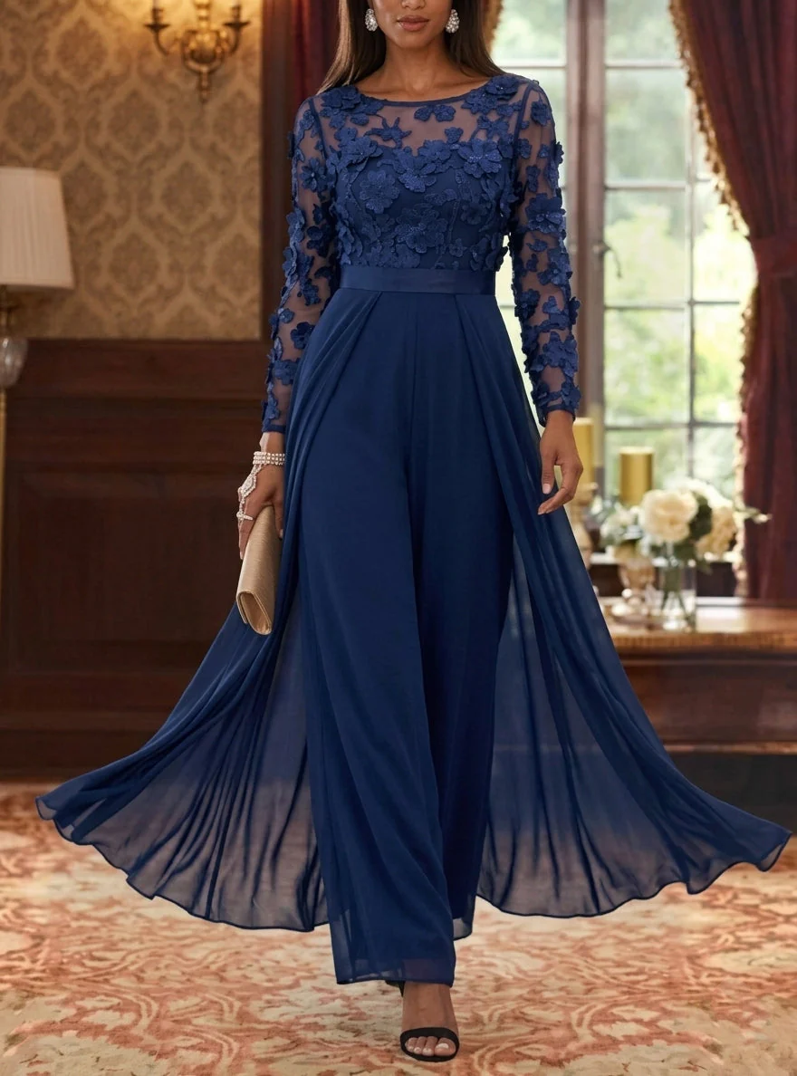 Jumpsuit Scoop Chiffon Mother of the Bride Jumpsuit with Overskirt Long Sleeves Lace Floral Ankle-Length - Image 2