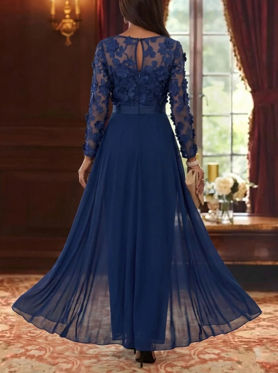 Jumpsuit Scoop Chiffon Mother of the Bride Jumpsuit with Overskirt Long Sleeves Lace Floral Ankle-Length - Image 3