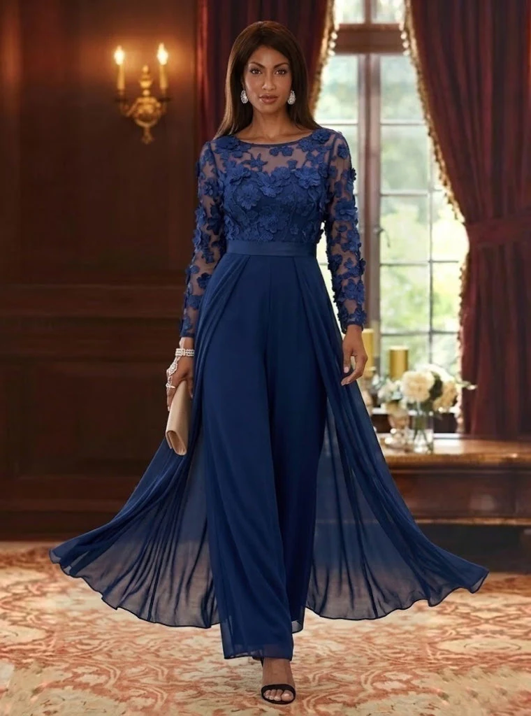 Jumpsuit Scoop Chiffon Mother of the Bride Jumpsuit with Overskirt Long Sleeves Lace Floral Ankle-Length - Image 4