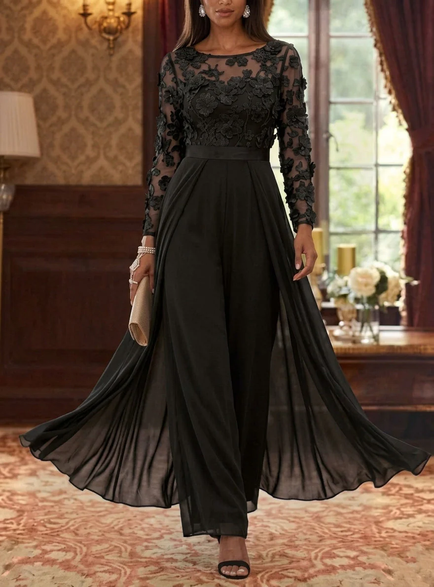 Jumpsuit Scoop Chiffon Mother of the Bride Jumpsuit with Overskirt Long Sleeves Lace Floral Ankle-Length - Image 5