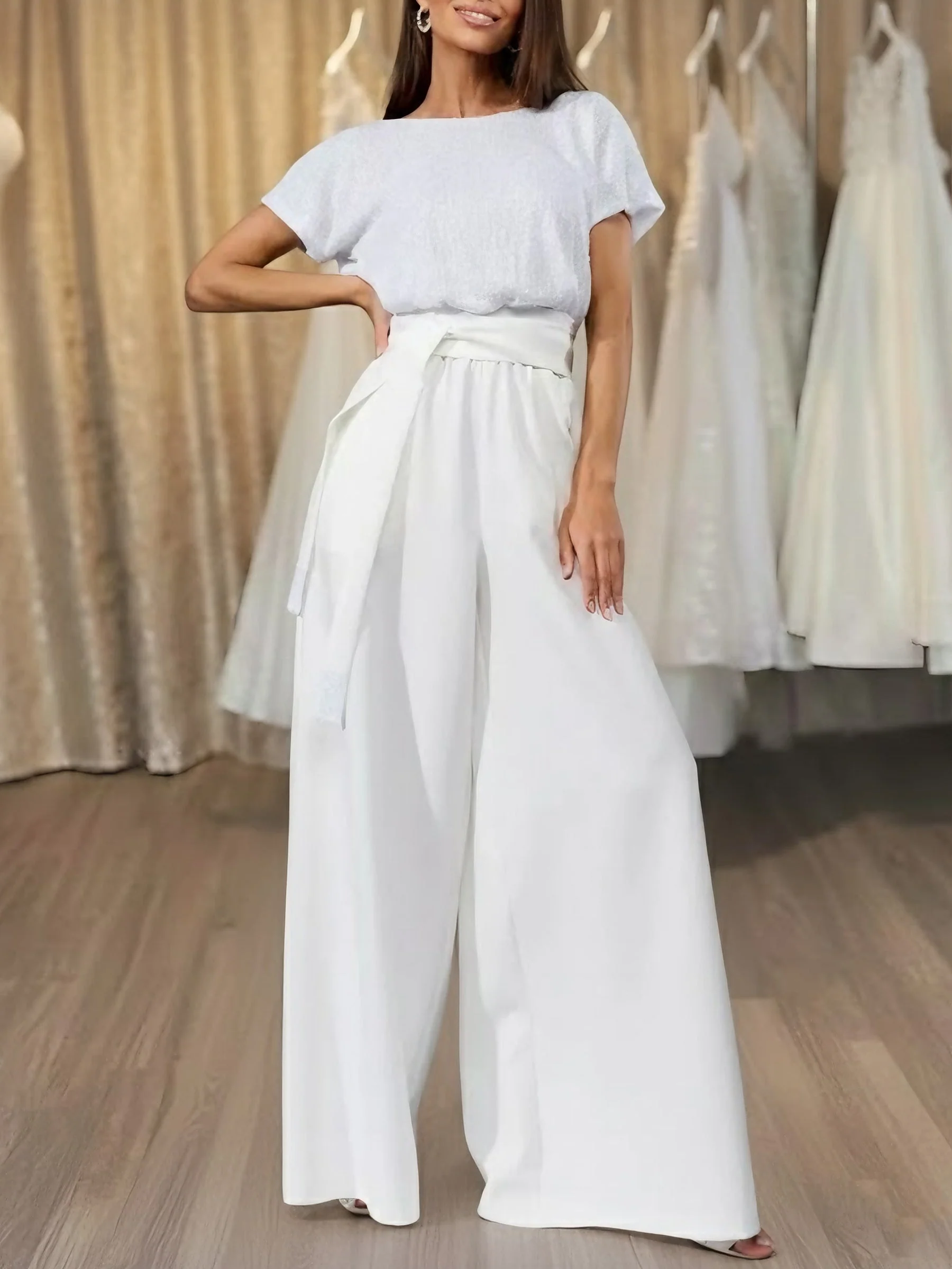 Jumpsuit Scoop Stretch Satin Evening Dresses Sequins Sash Short Sleeves Party Dresses - Image 5