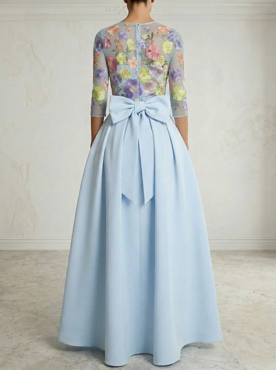 Jumpsuit Scoop Stretch Satin Evening Dresses with Overskirt Lace Floral 3/4 Sleeves Bowknot Ankle-Length Party Dresses - Image 2