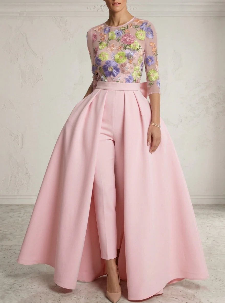 Jumpsuit Scoop Stretch Satin Evening Dresses with Overskirt Lace Floral 3/4 Sleeves Bowknot Ankle-Length Party Dresses - Image 3