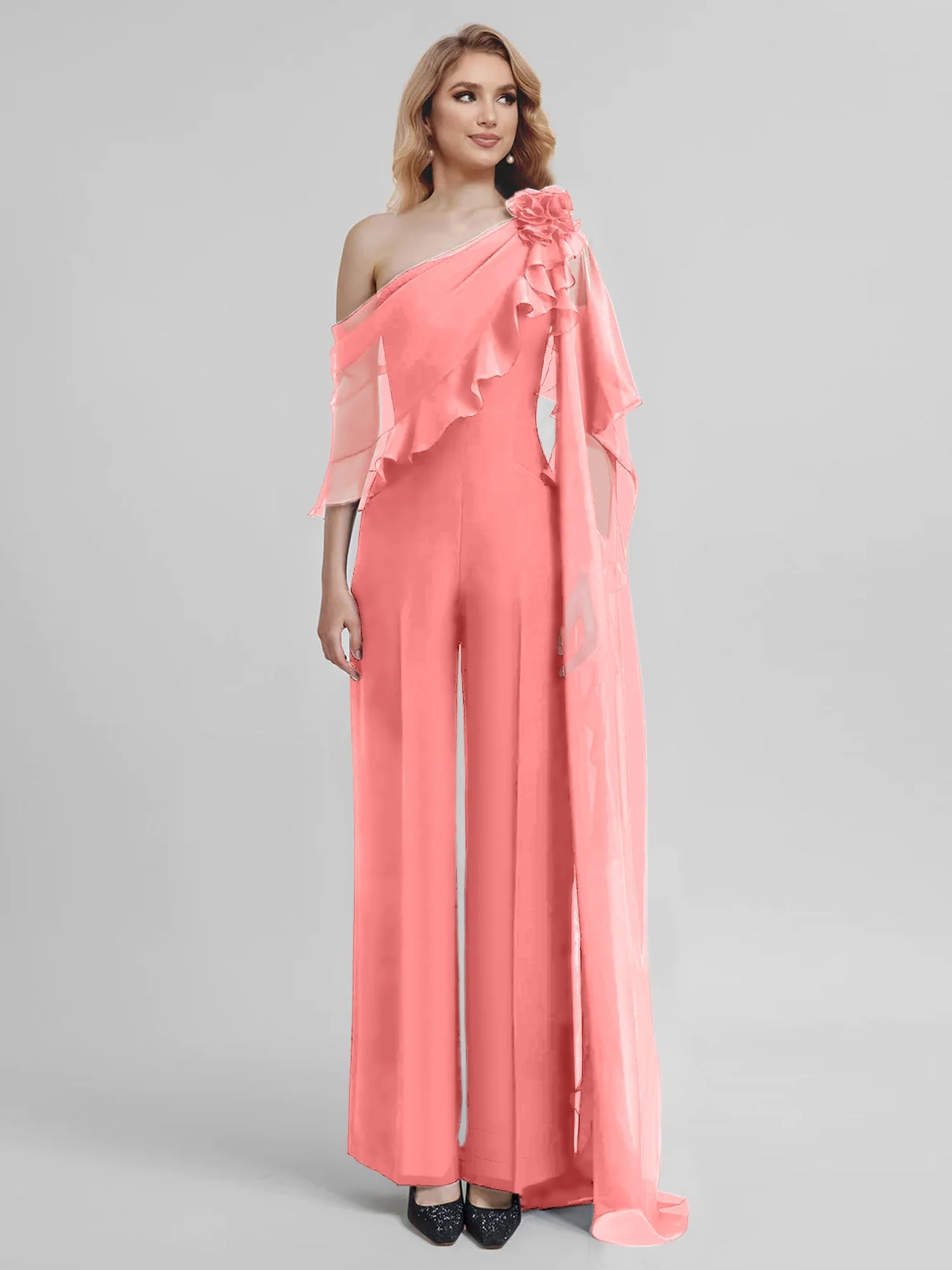 Jumpsuits One-Shoulder Half Sleeves Chiffon Mother Of The Bride Pantsuits - Image 12