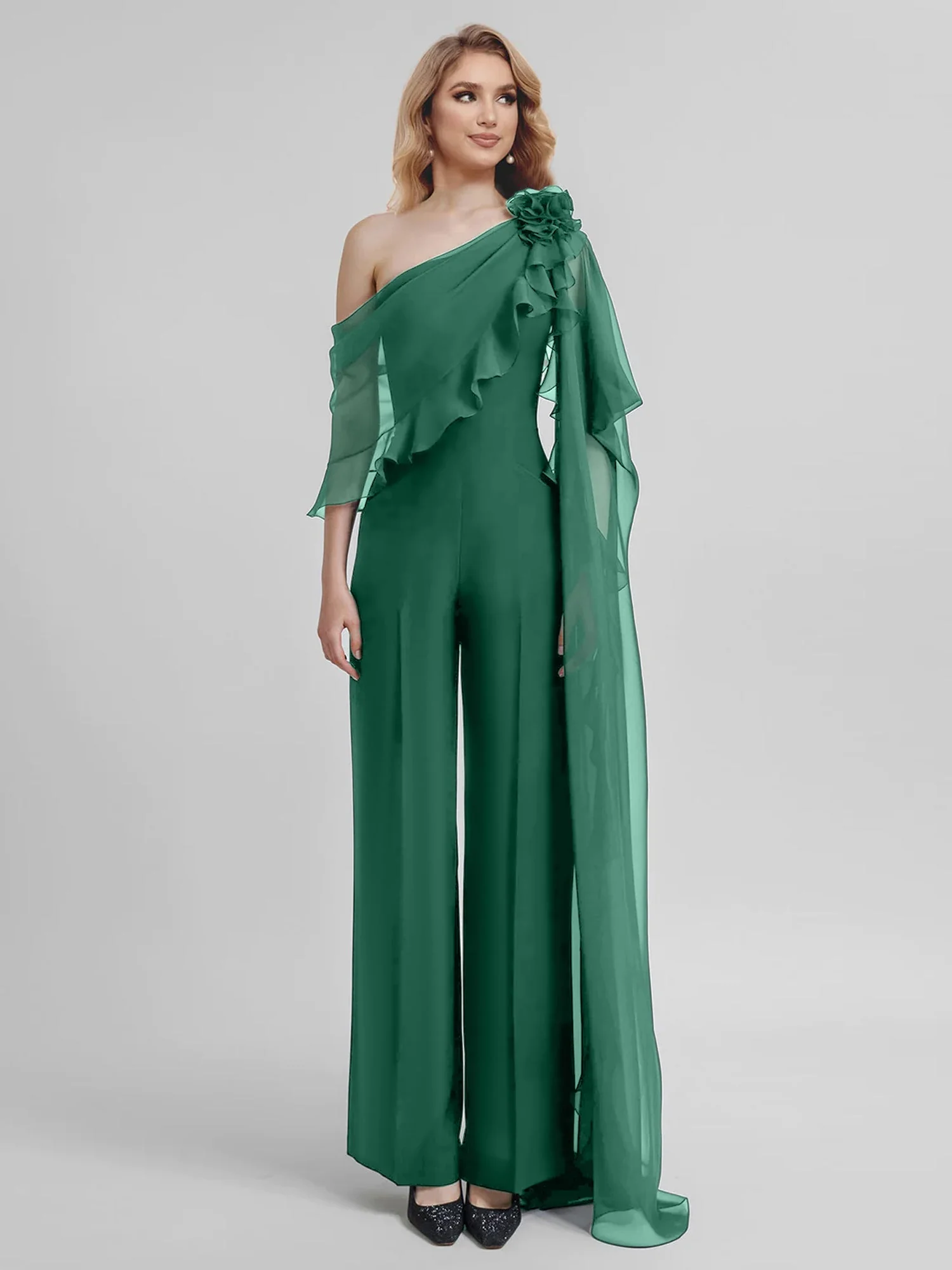 Jumpsuits One-Shoulder Half Sleeves Chiffon Mother Of The Bride Pantsuits - Image 13