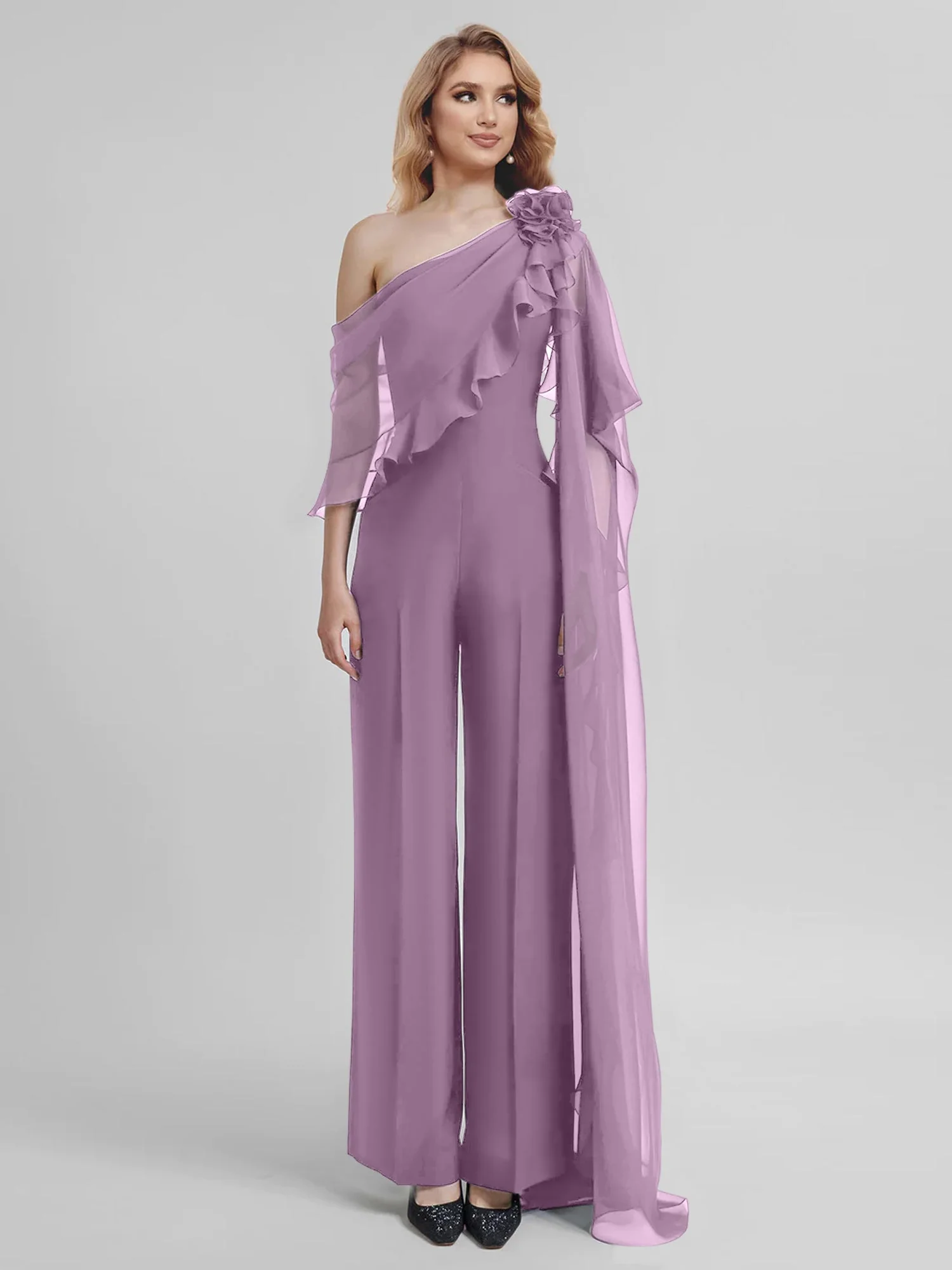 Jumpsuits One-Shoulder Half Sleeves Chiffon Mother Of The Bride Pantsuits - Image 17