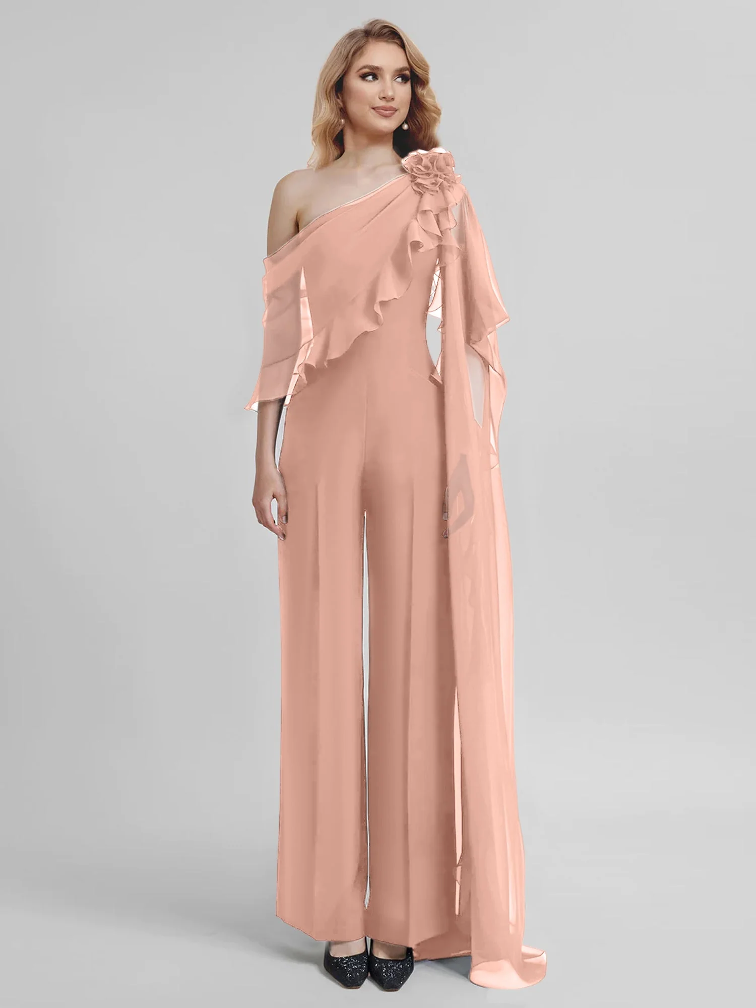 Jumpsuits One-Shoulder Half Sleeves Chiffon Mother Of The Bride Pantsuits - Image 18