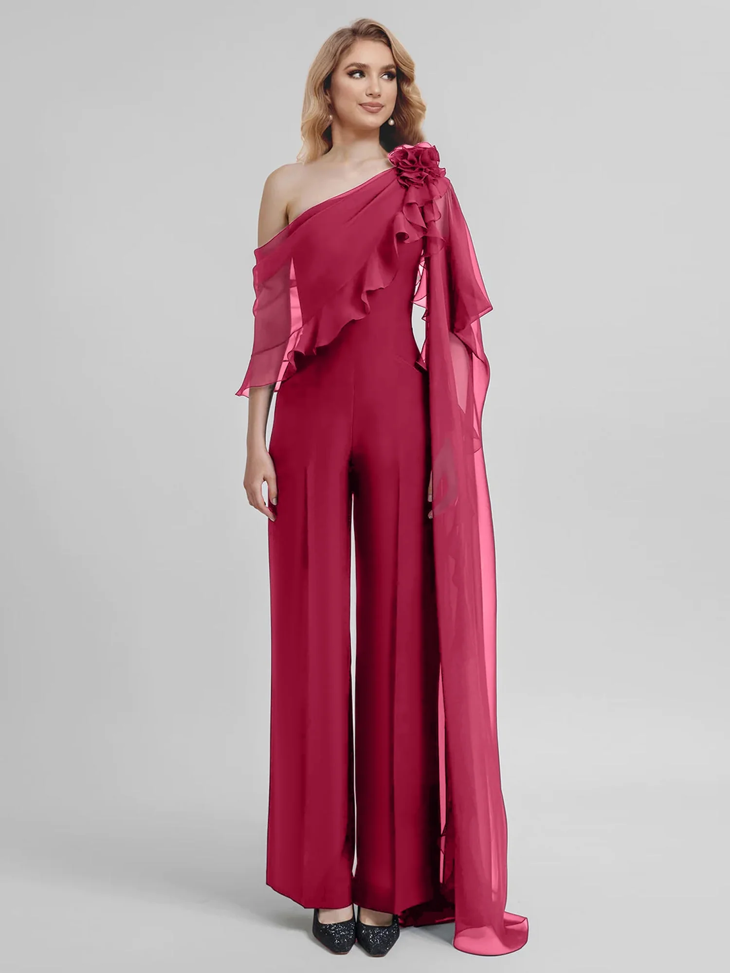 Jumpsuits One-Shoulder Half Sleeves Chiffon Mother Of The Bride Pantsuits - Image 31