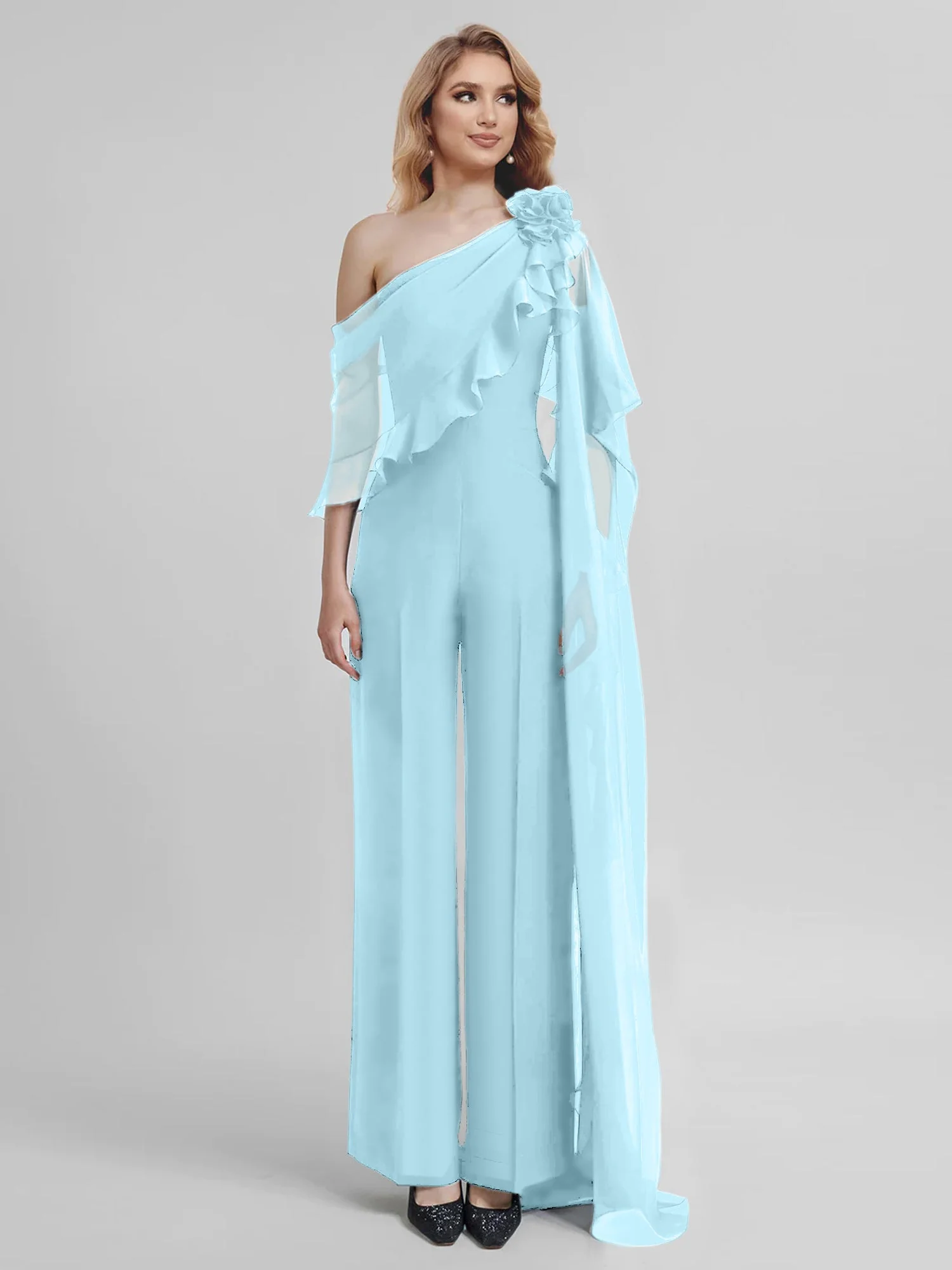 Jumpsuits One-Shoulder Half Sleeves Chiffon Mother Of The Bride Pantsuits - Image 37