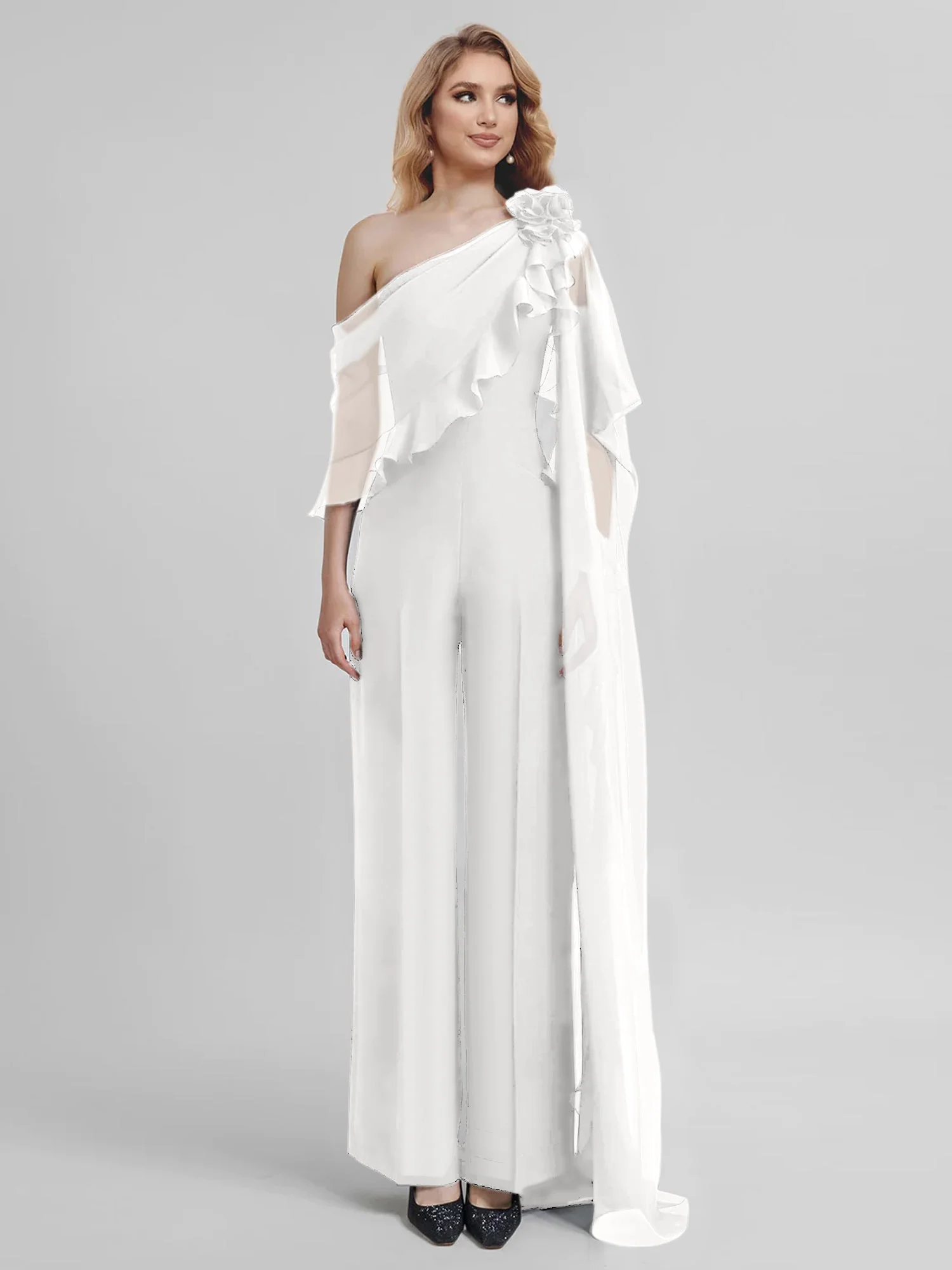 Jumpsuits One-Shoulder Half Sleeves Chiffon Mother Of The Bride Pantsuits - Image 46