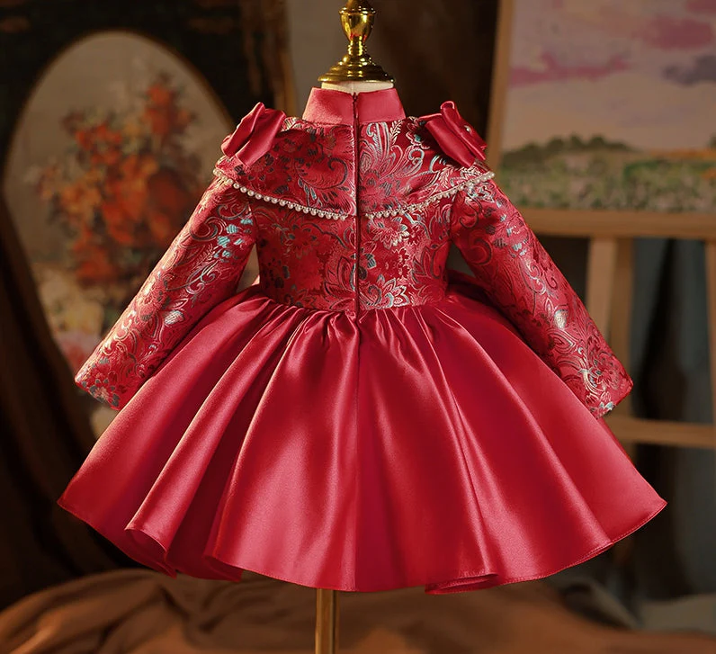 Knee Length High Neck Long Sleeves Embroidery Baby Girl Party Dress with Bow - Image 2