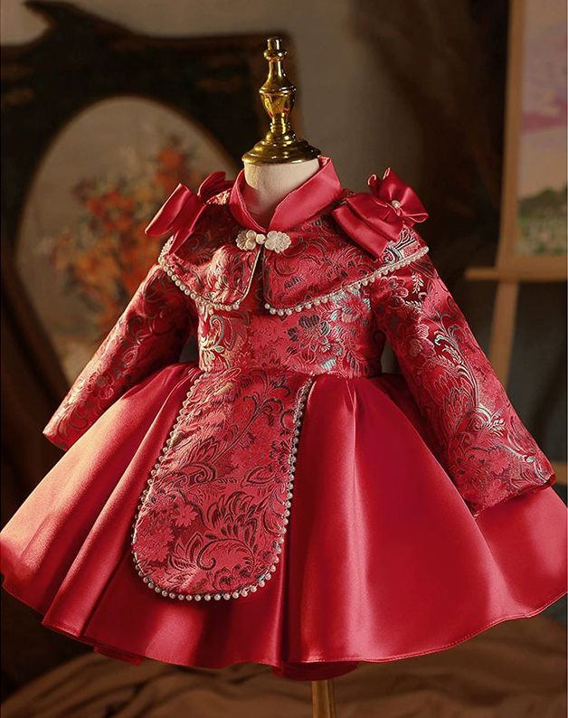 Knee Length High Neck Long Sleeves Embroidery Baby Girl Party Dress with Bow - Image 3
