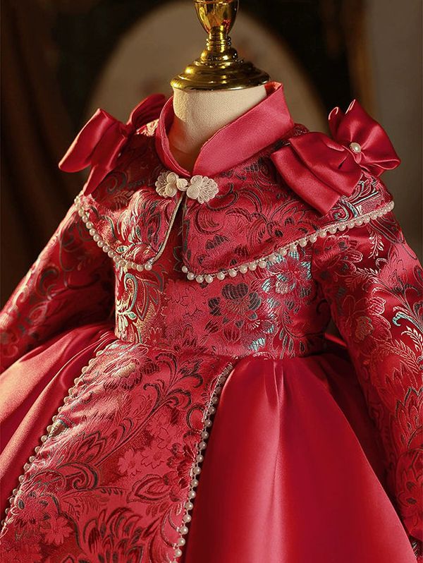 Knee Length High Neck Long Sleeves Embroidery Baby Girl Party Dress with Bow - Image 4