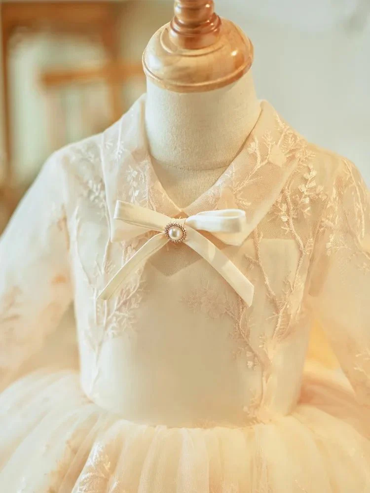 Knee Length Long Sleeves Flower Girl Party Lace Dress with Bow - Image 4