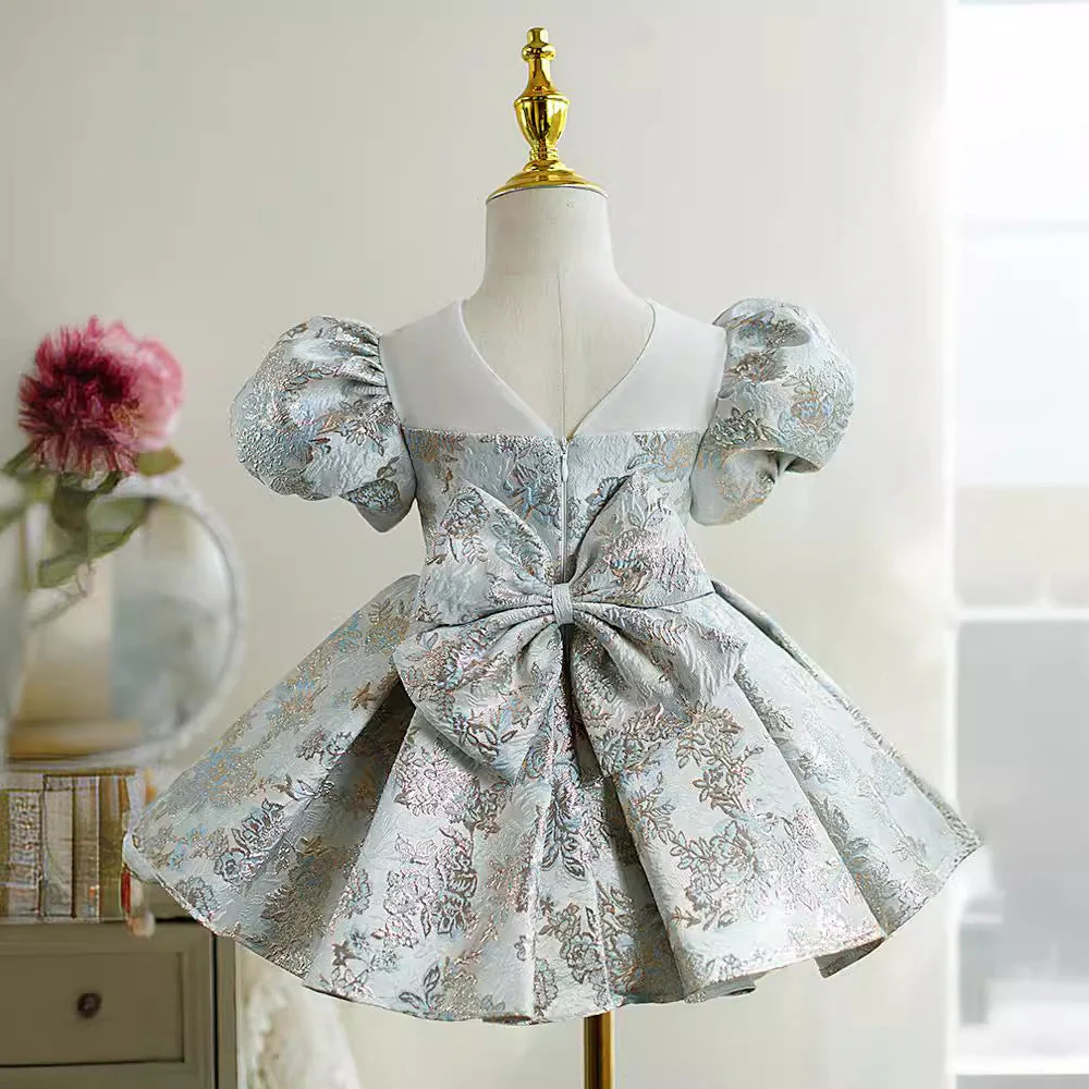 Knee Length Round Neck Short Sleeves Embroidery Baby Girl Party Dress with Bow - Image 2