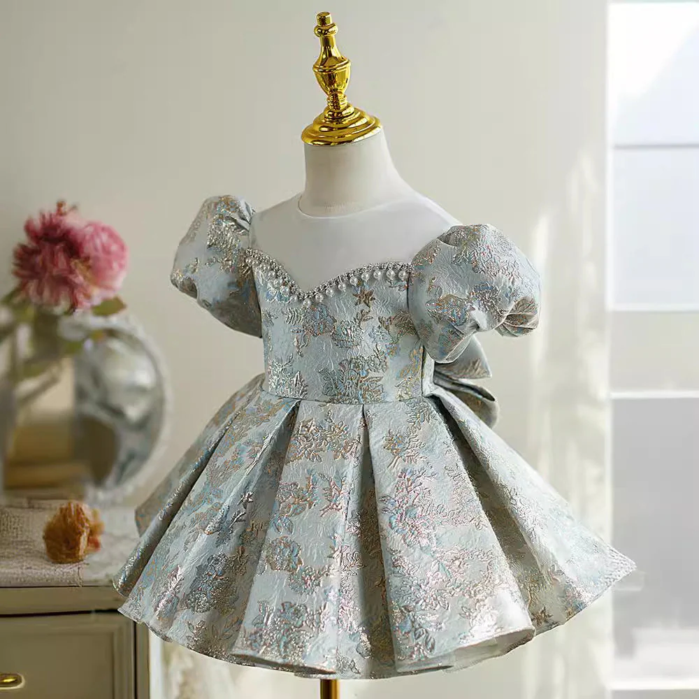Knee Length Round Neck Short Sleeves Embroidery Baby Girl Party Dress with Bow - Image 3