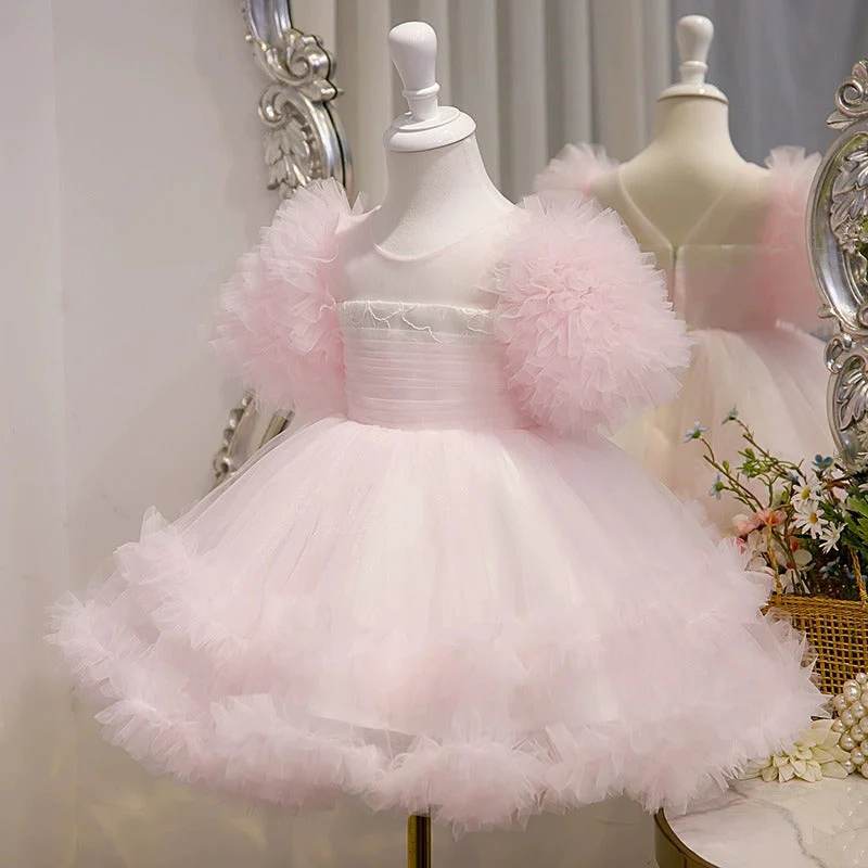 Knee Length Ruffled Tulle Short Sleeves A-Line/Princess Baby Girl Party Dress - Image 3