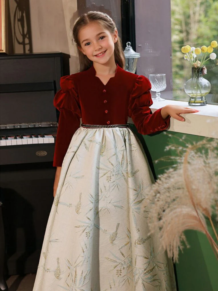 Long Sleeves A-Line Embroidery Girl Party Dress with Covered Button - Image 3