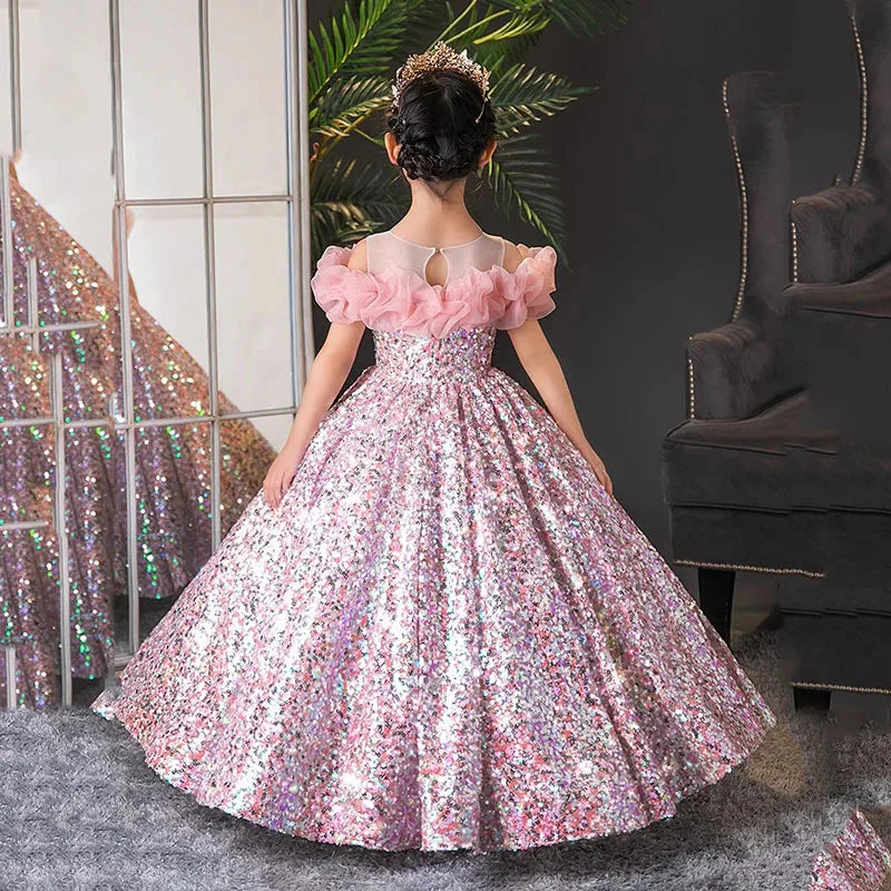 Long Sleeves Ball Gown Round Neck Flower Girl Party Dress with Ruffles - Image 2
