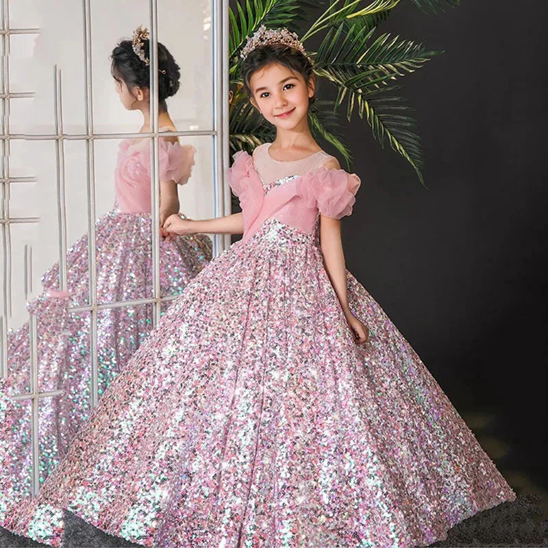 Long Sleeves Ball Gown Round Neck Flower Girl Party Dress with Ruffles - Image 3