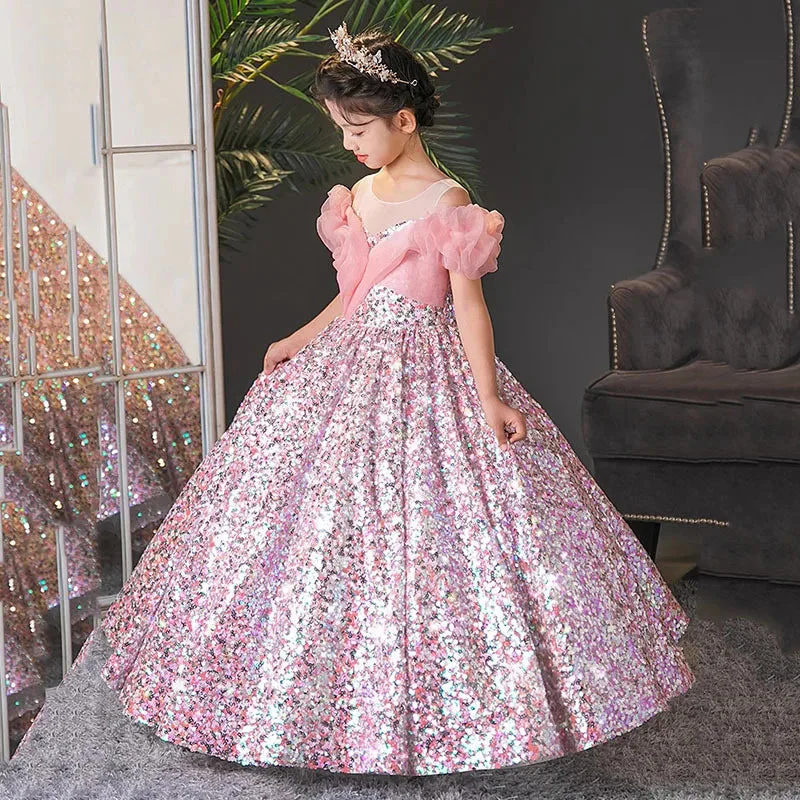 Long Sleeves Ball Gown Round Neck Flower Girl Party Dress with Ruffles - Image 4
