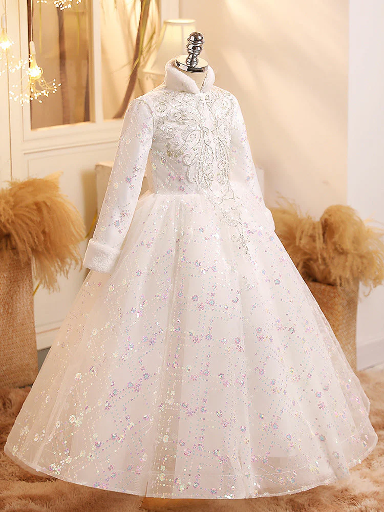 Long Sleeves Ball Gown Shinning Girl Winter Party Dress with Crystal Appliques - Image 3