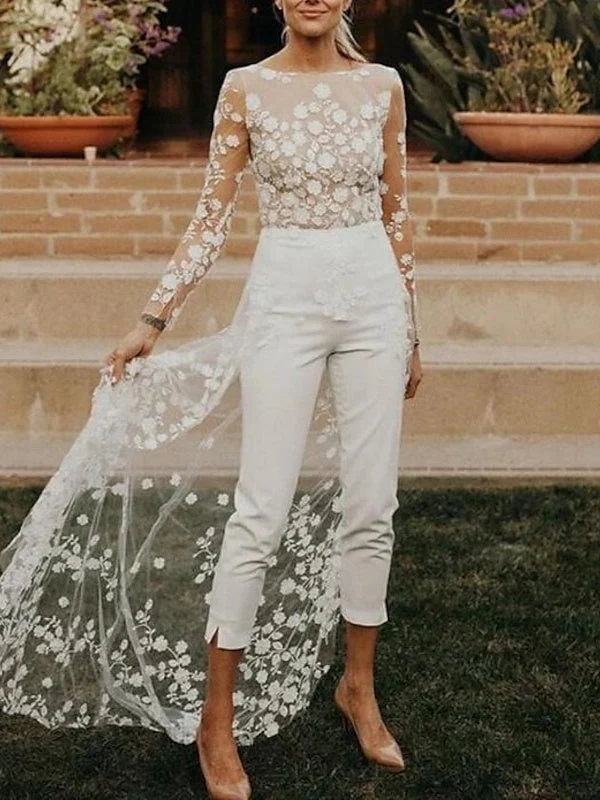 Long Sleeves Scoop Wedding Pant Suit Styles with Flower - Image 4