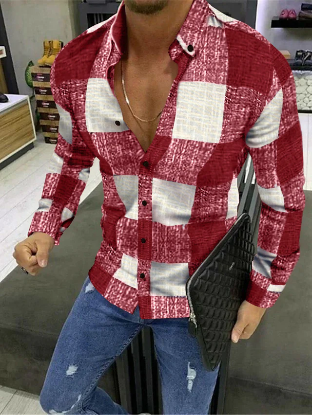 Men's Casual Cotton Blend Long Sleeves Plaid Colour Block Shirt - Image 3