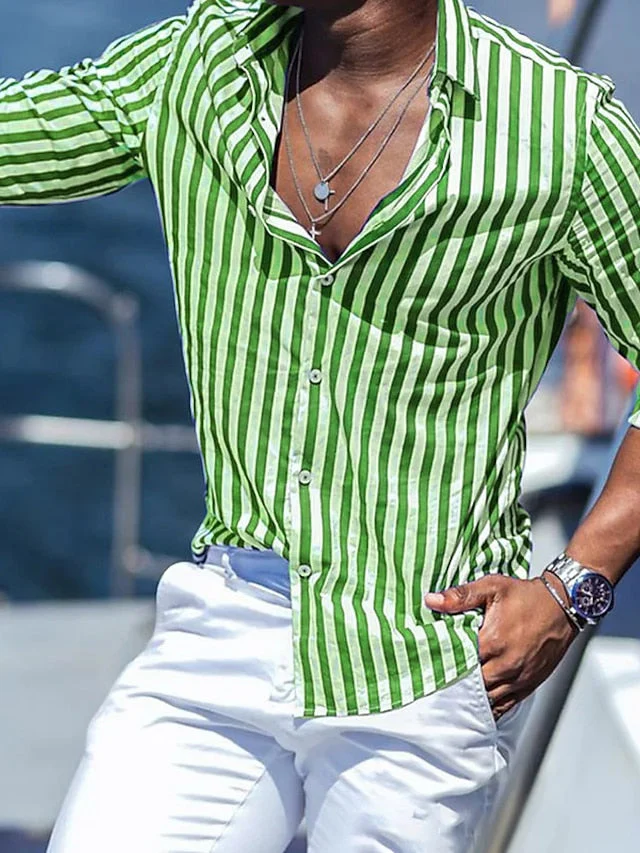 Men's Casual Cotton Blend Long Sleeves Stripes Shirt - Image 4