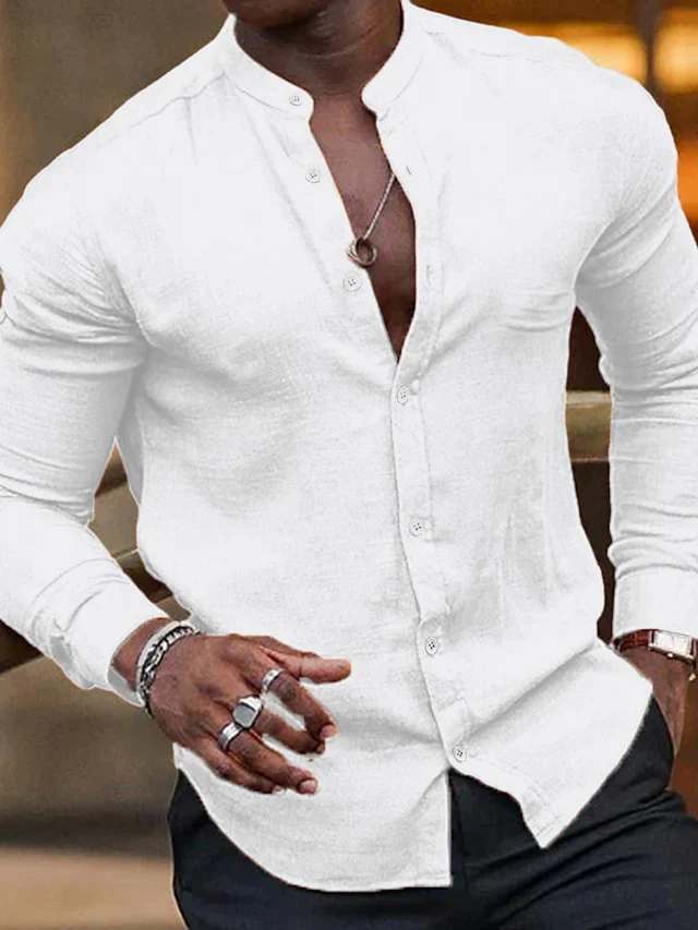 Men's Casual Cotton Linen Long Sleeves Solid Colour Shirt - Image 8