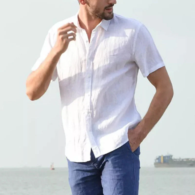 Men's Casual Short Sleeves Solid Colour Cotton Shirt - Image 3