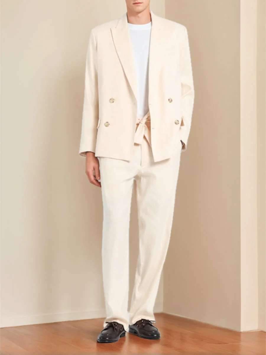 Men's Cream Single Breasted Four-buttons Peaked Lapel Casual Party Business Suits with Pockets