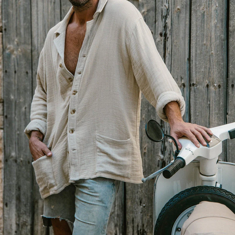 Men's Lapel Casual Long Sleeves Solid Colour Shirt with Pockets - Image 4
