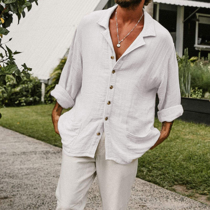 Men's Lapel Casual Long Sleeves Solid Colour Shirt with Pockets - Image 5