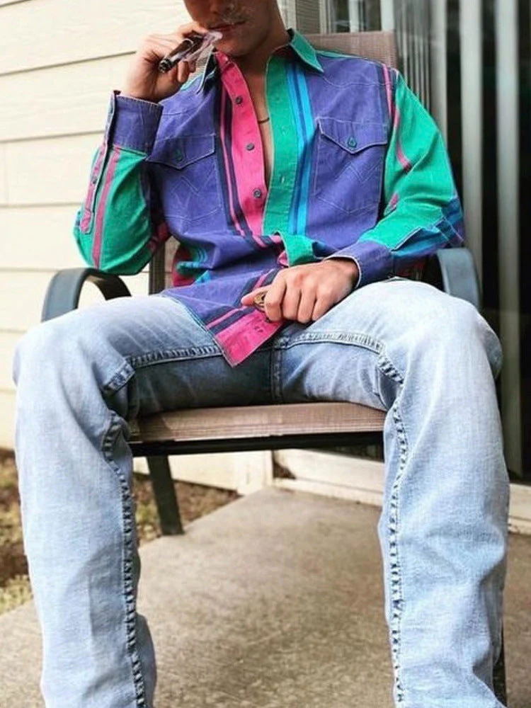 Men's Loose Long Sleeves Casual Striped Shirt with 3D Floral Pattern - Image 5