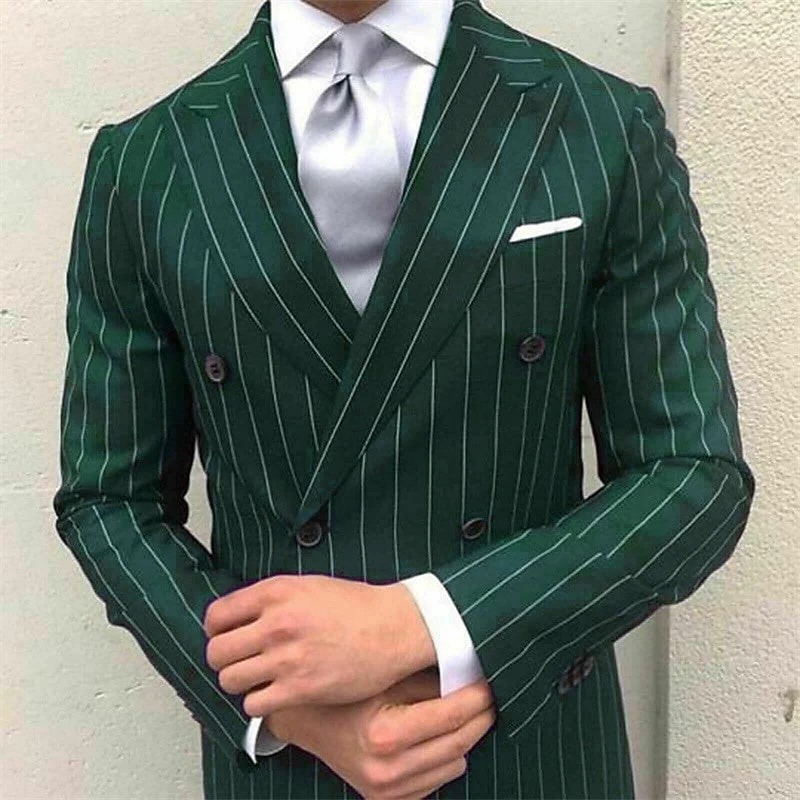 Men's Prom Pinstripe Peak Lapel Business Formal Striped Double Breasted Six-buttons 2 Piece Wedding Suits